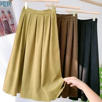 corduroy womens skirt empire solid pleated mid length autumn and winter casual womens retro literary leisure skirt for lady