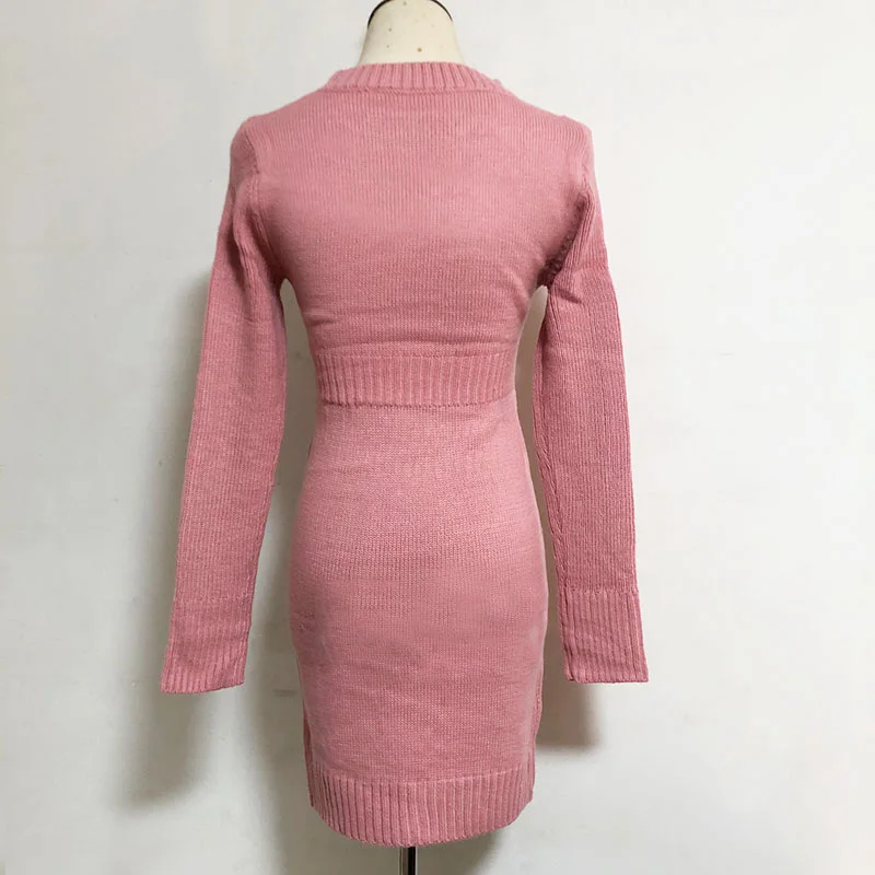 

One Piece Bodycon Sweater Dress Women Long Sleeve Knitted Mini Pink Dresses Korean Office Woman 2020 Winter Mujer Vestiti Donna