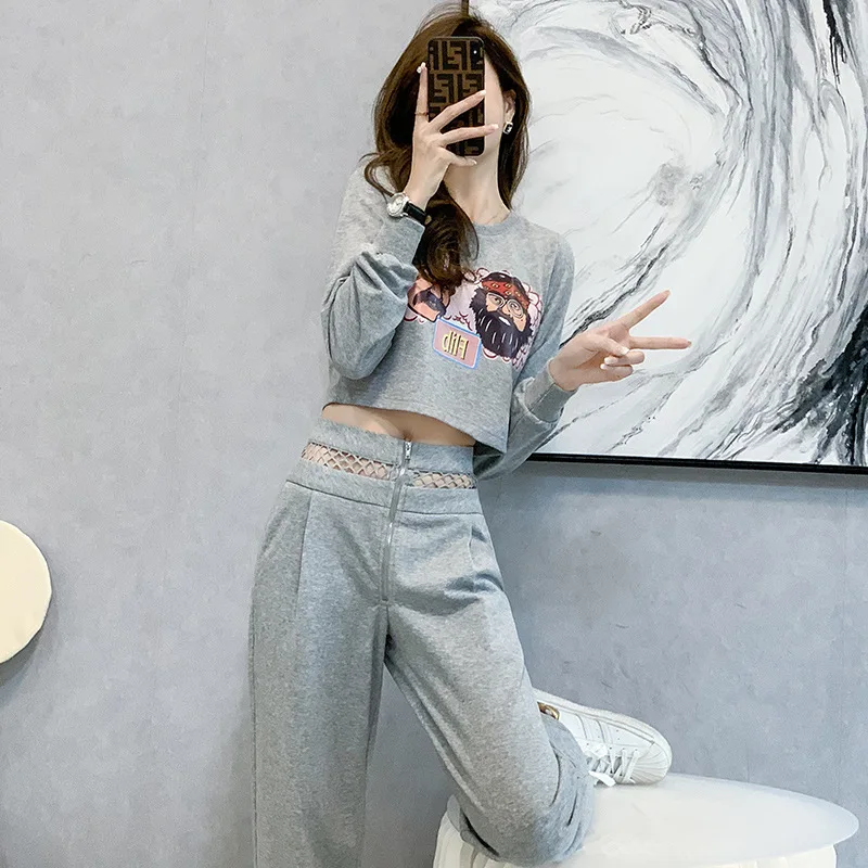 

Повседневный уличный костюм из двух предметов, модный тонкий короткий топ с широкими штанинами для полных девушек и женщин на раннюю осень ...