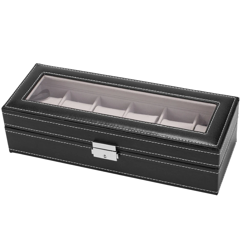 

6 Slot Leather Watch Box Display Case Organizer Glass Jewelry Storage Black
