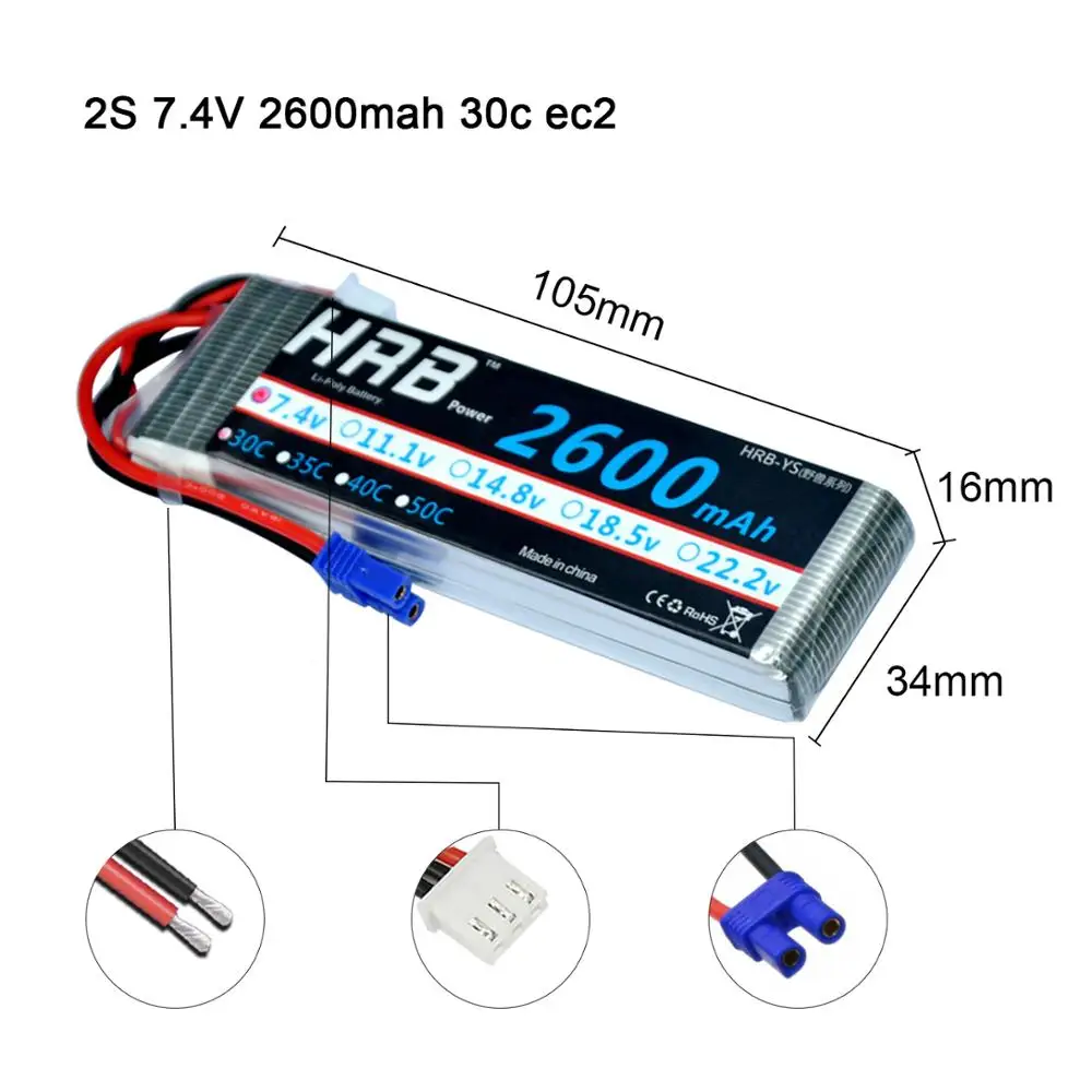 Аккумулятор HRB Lipo 2s 3S 4s 1300 мАч 1500 1800 2200 2600 для радиоуправляемого дрона Hubsan H501S