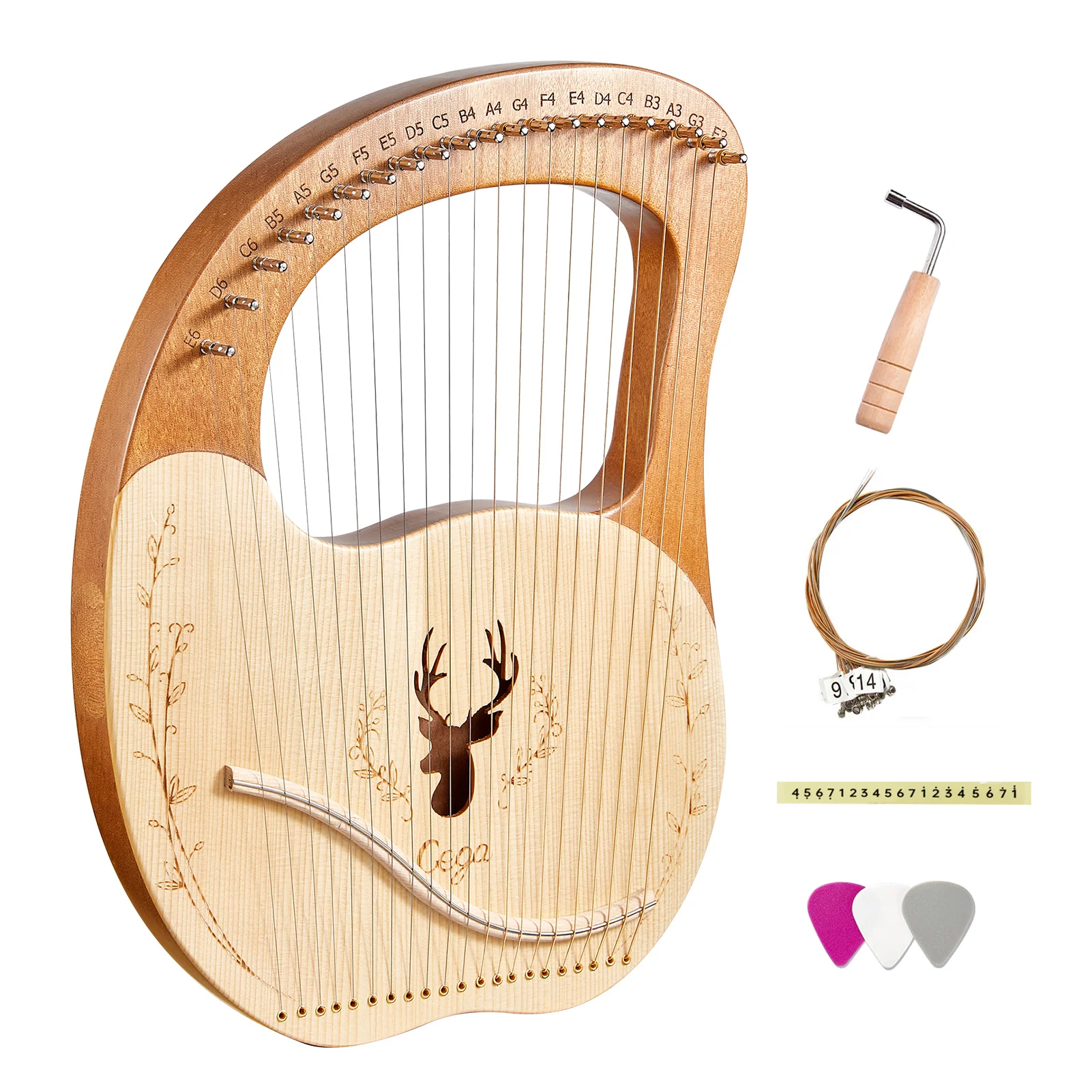 

Cega 21 Strings Lyre Harp Box Lyre Harp Spruce Topboard Mahogany Backboard String Instrument with Tuning Wrench Strings Picks