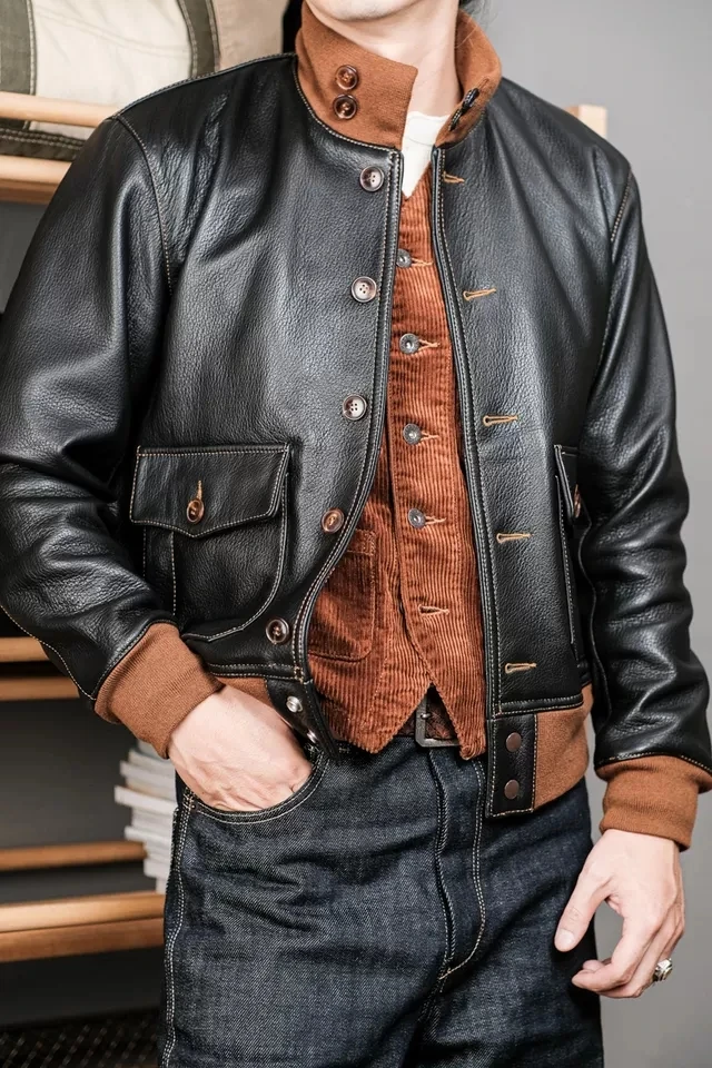 

YR! Бесплатная доставка. Роскошная качественная Толстая козья кожа толщиной 1,2 мм. Японский Классический Стиль A1 пальто из натуральной кожи. Абсолютно новый бренд