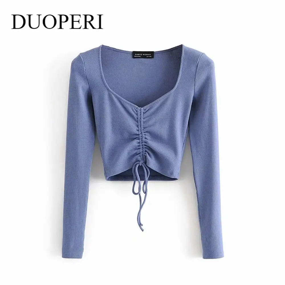 

Кроп-Топ женский в рубчик с длинным рукавом и V-образным вырезом