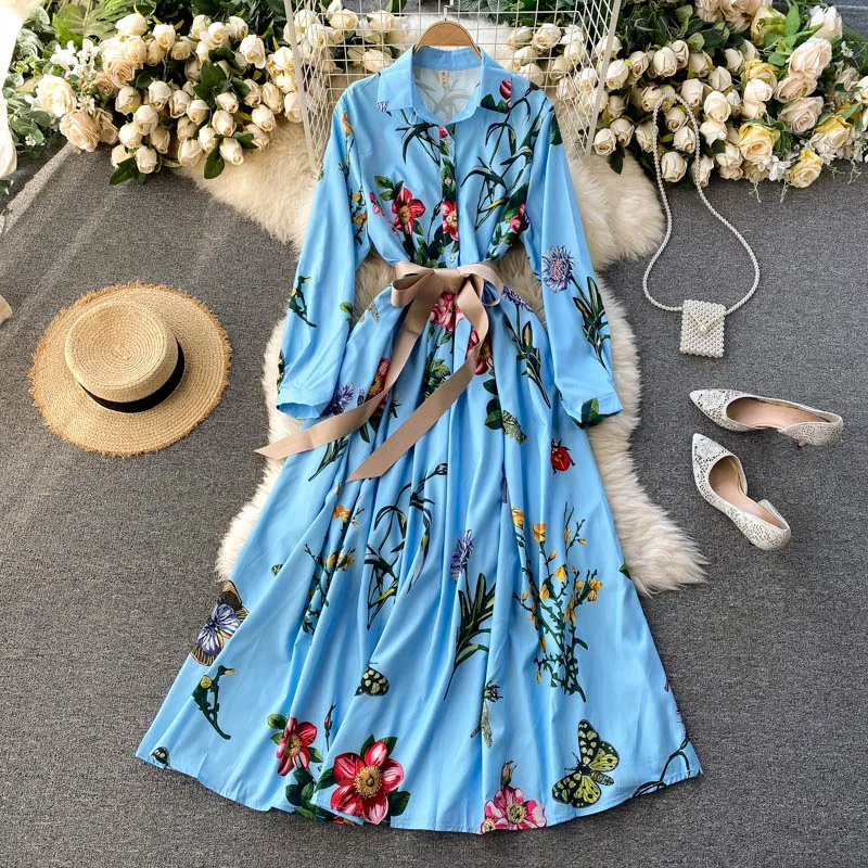 

Женское модельное платье с длинным рукавом, голубое длинное платье с цветочным принтом, шикарное пляжное платье для путешествий и вечерние,...