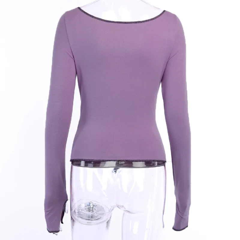 

Sexy solid hollow out top long sleeve O-neck t-shirt woman 2021 casual Autumn Spring top