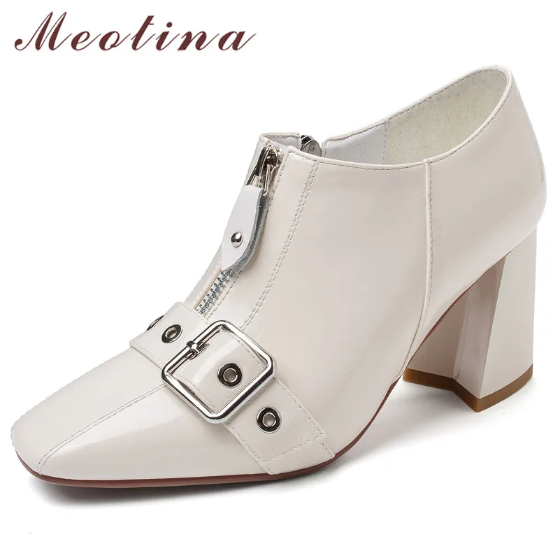 

Женские туфли на высоком каблуке Meotina, туфли из натуральной воловьей кожи, на молнии, с квадратным носком и пряжкой, размеры 39