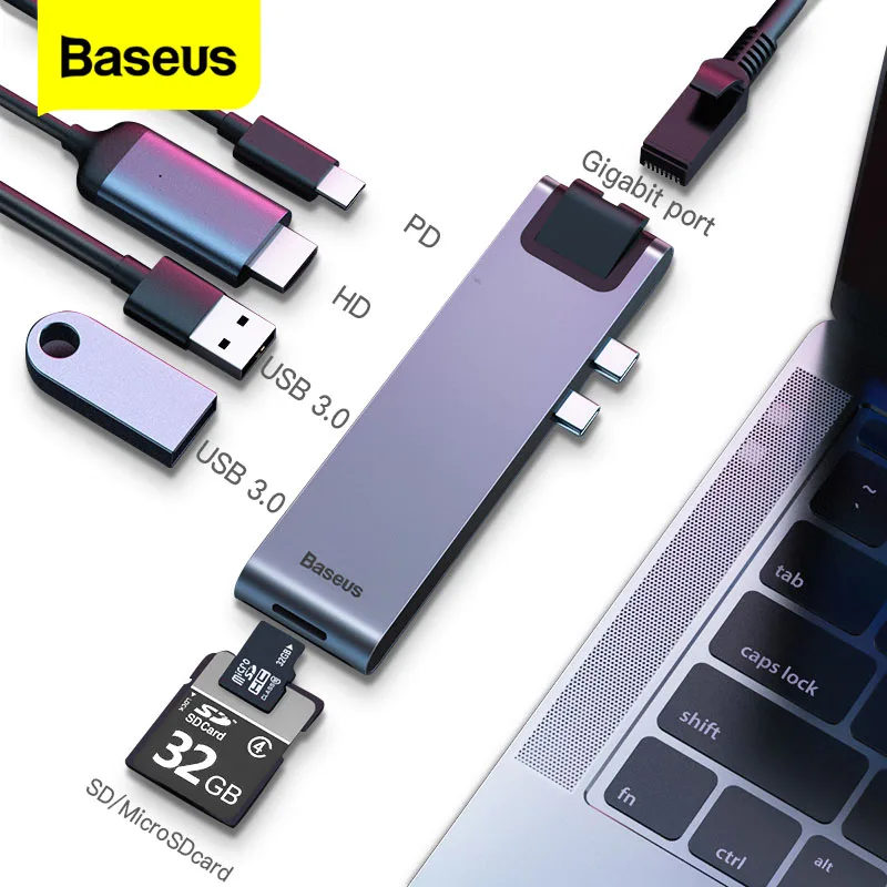 

Baseus USB Type C HUB C To 4KHD RJ45 Ethernet Multi USB 3.0 Thunderbolt 3 Power Adapter For MacBook Pro Air USB-C Dock Splitter