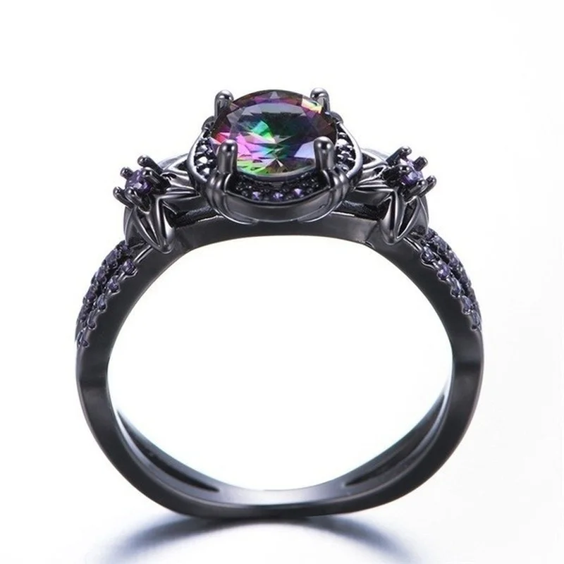 Bamas Mystic Rainbow Fire Topaz Flower Ring Purple Amethyst Black Gold Jewelry Size 6-10 images - 6