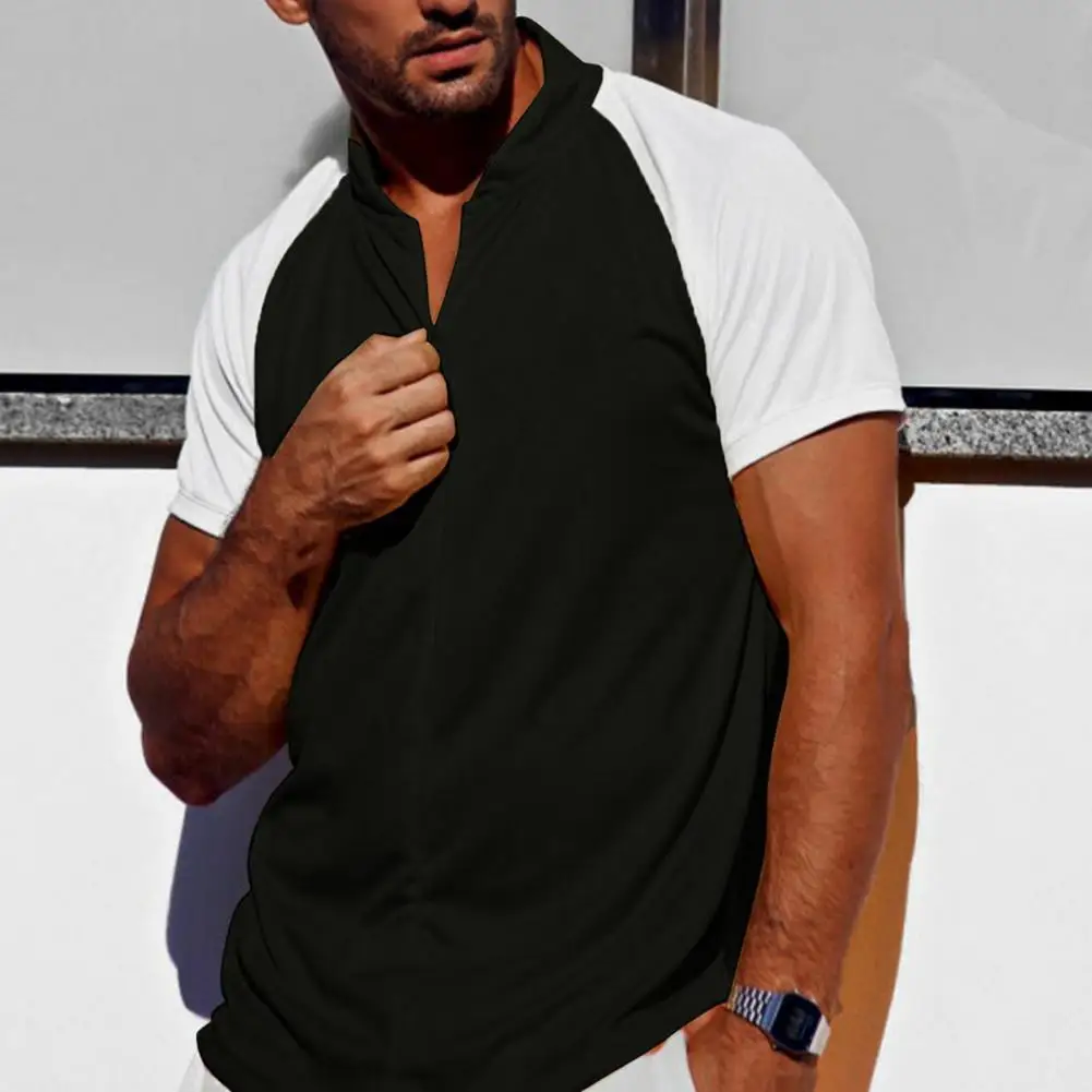 

Casual Men T-shirt Skin-friendly Breathable Color Block Loose Summer Stand Collar Short Sleeve Top for Summer Dating