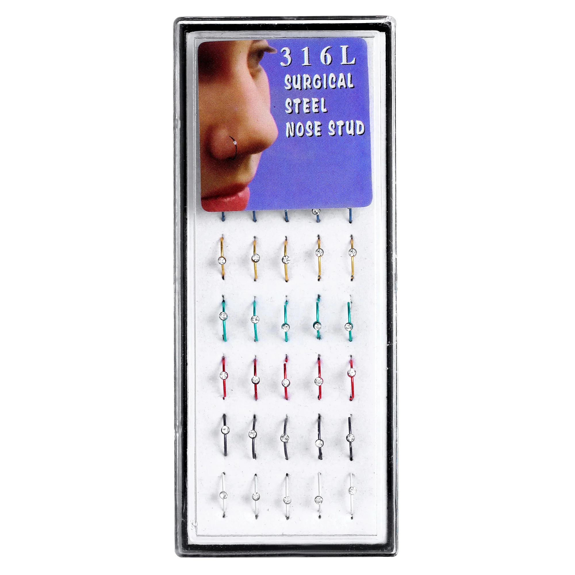 1mm nose ring 24 шт. Кристалл Нос кольцо& шпильки мода тело женщины девушка ювелирные изделия нержавеющая хирургический стальной нос пирсинг Красочные Стразы - Окраска металла: 1mm nose ring