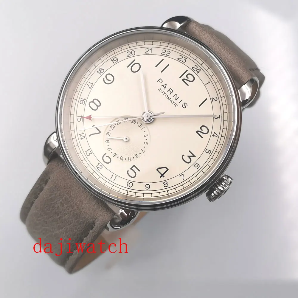 

Мужские автоматические механические часы Parnis 42 мм GMT с серебристым ремешком, кожаным ремешком с арабскими отметками и датой, для отдыха, 2020