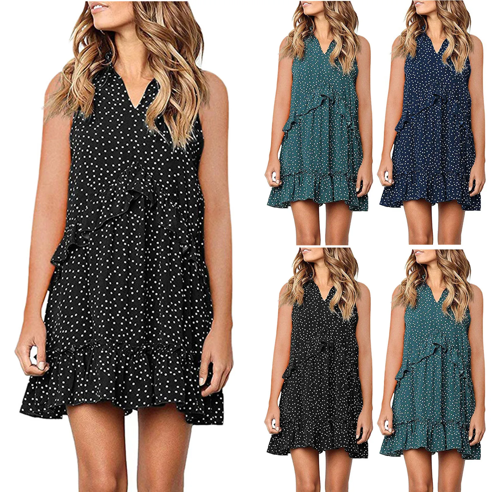 

Женский сарафан без рукавов с V-образным вырезом, летнее плиссированное платье в горошек, повседневный элегантный мини-сарафан в Корейском ...