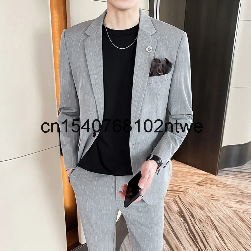 

Лидер продаж, мужской костюм из двух частей, деловое платье в полоску, корейское платье-Лучший человек, приталенный костюм на одной пуговице...