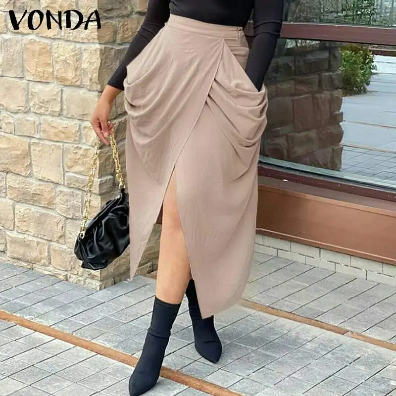 

Юбка VONDA женская с разрезом на подоле, повседневная однотонная плиссированная юбка средней длины с карманами, с разрезом спереди, на осень