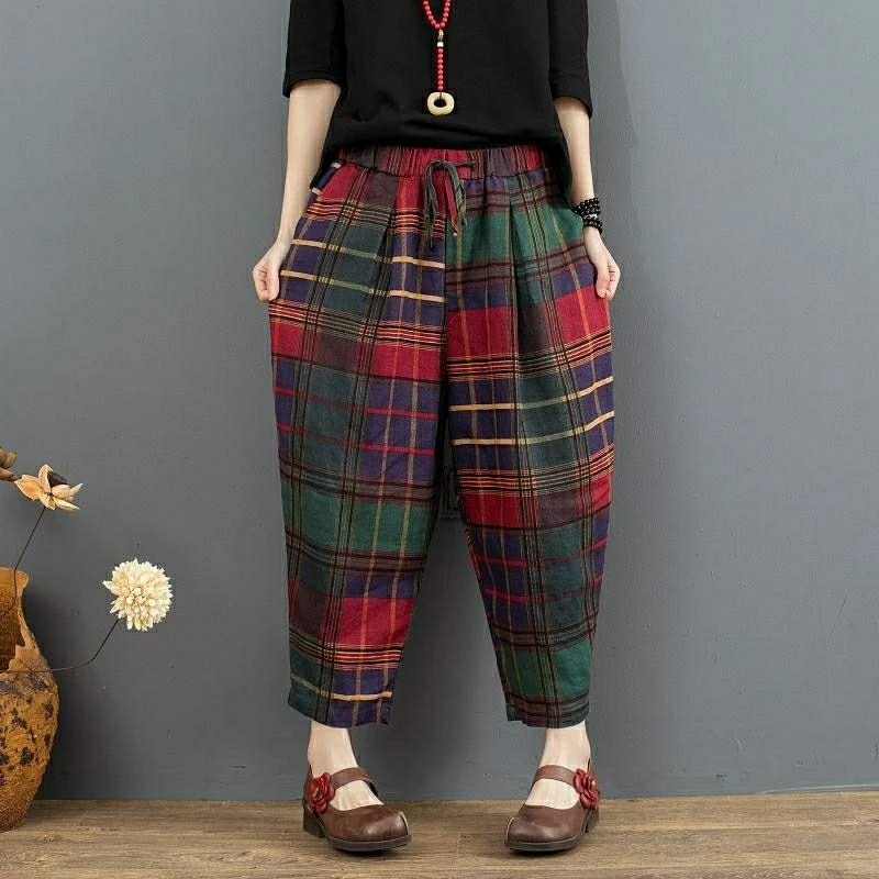 Новые весенние искусство Стиль женские штаны шаровары с эластичной резинкой на