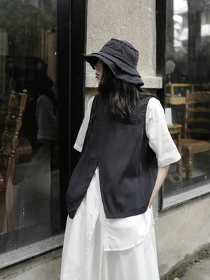 Черный Асимметричный жилет в стиле темного Ямамото с круглым вырезом модный