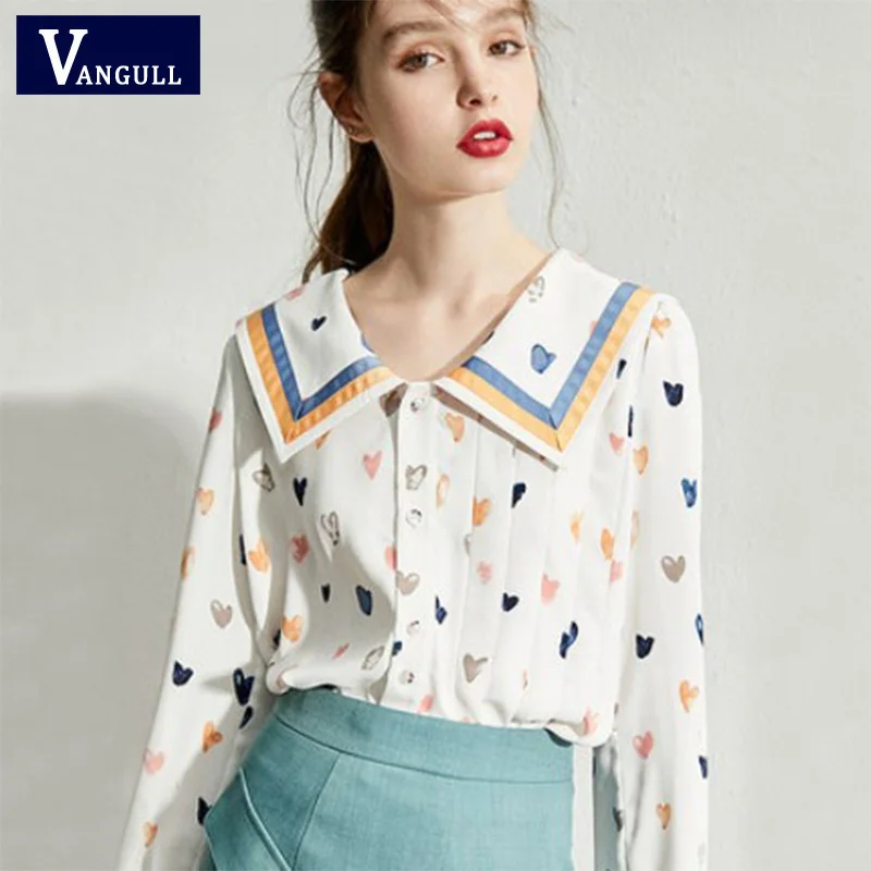 Женская шифоновая блузка Vangull белая с длинным рукавом и принтом в виде сердца