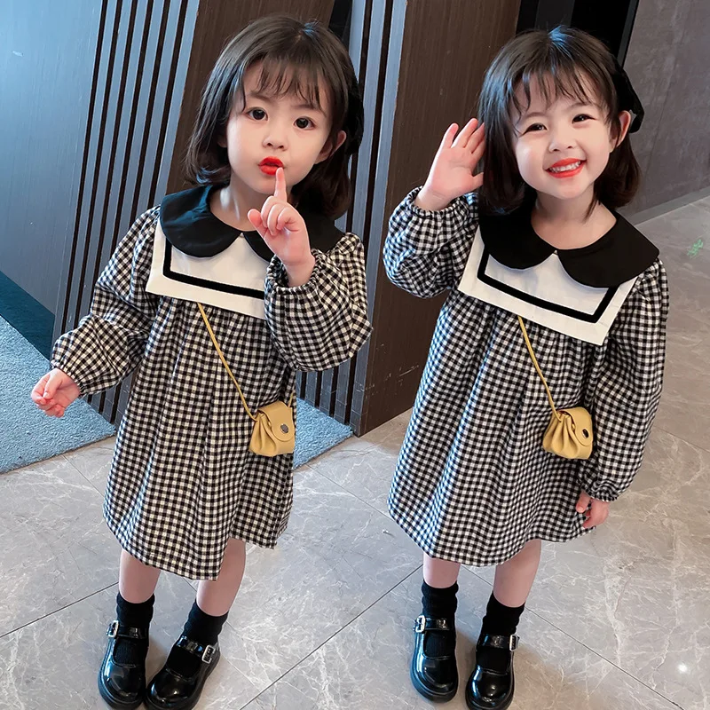 Fashion Black Grid Spring Summer Girls Dress Kids Teenagers Children Clothes Outwear Special Occasion Long Sleeve High Quality