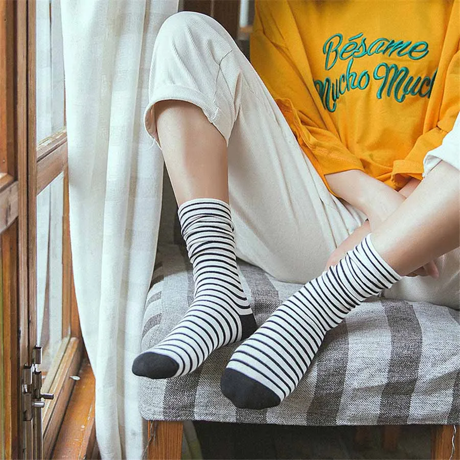 

Kawaii Japanese Horizontal Striped Women's Socks College Wind Tube Socks Wholesale Cotton Thin Ladies Double Luokou Pile Socks