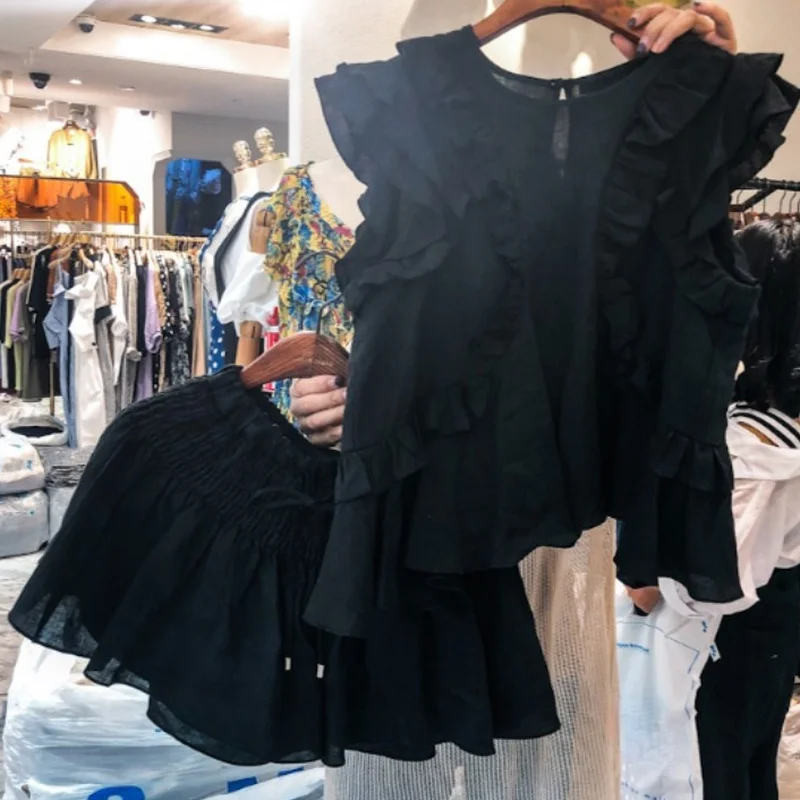 

2021 Summer Two Piece Set Woman Sweet Ruffles Spliced Shirts Simple Sleeveless Blouse + Casual Mini Skirt Elastic Waist Jupe