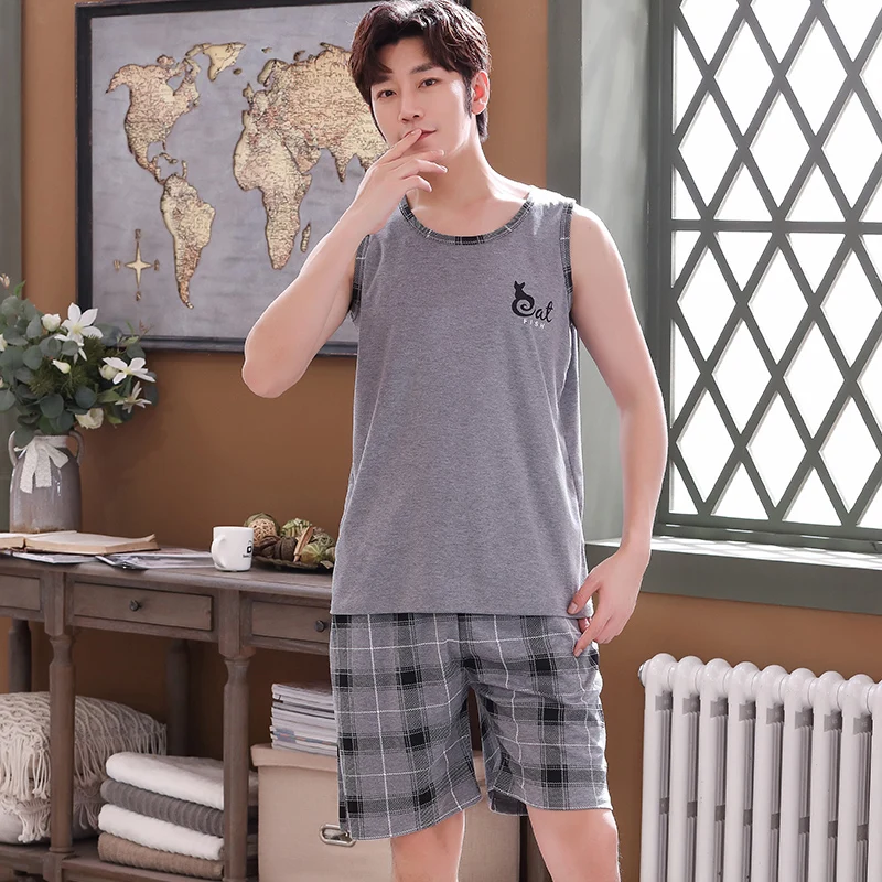 Мужская пижама из 100% хлопка Серая майка + клетчатые шорты пижамный комплект для