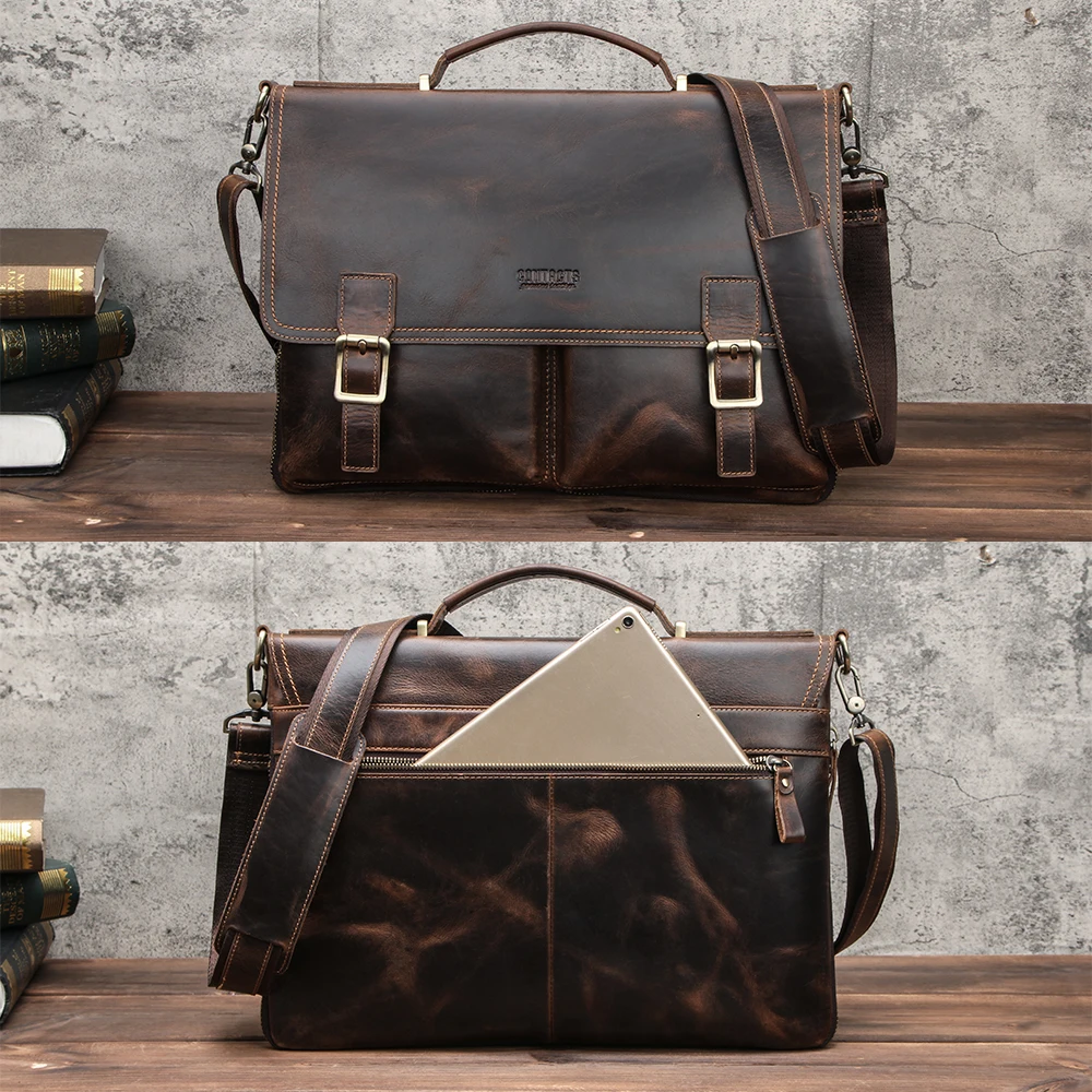 Men Briefcase Genuine Leather Laptop Bag Macbook Pro 14