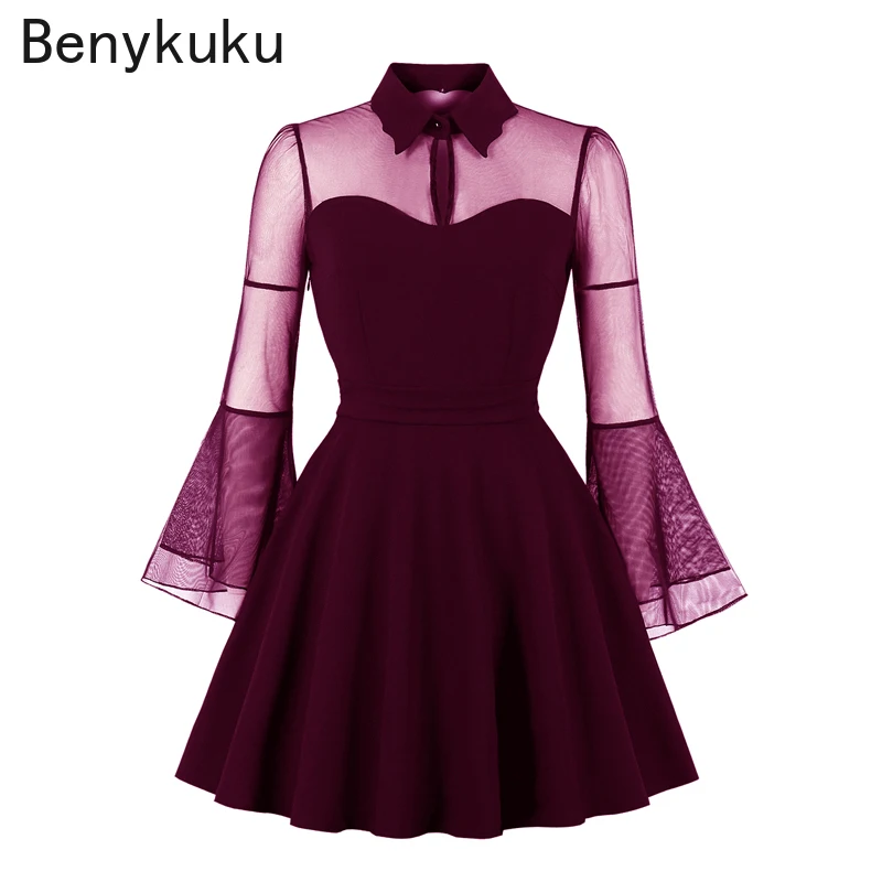 

Fuchsia Elegant Party High Waist A Line Vintage Dresses Spring Women Turn-Down Collar Mesh Flare Sleeve Plus Size Dress