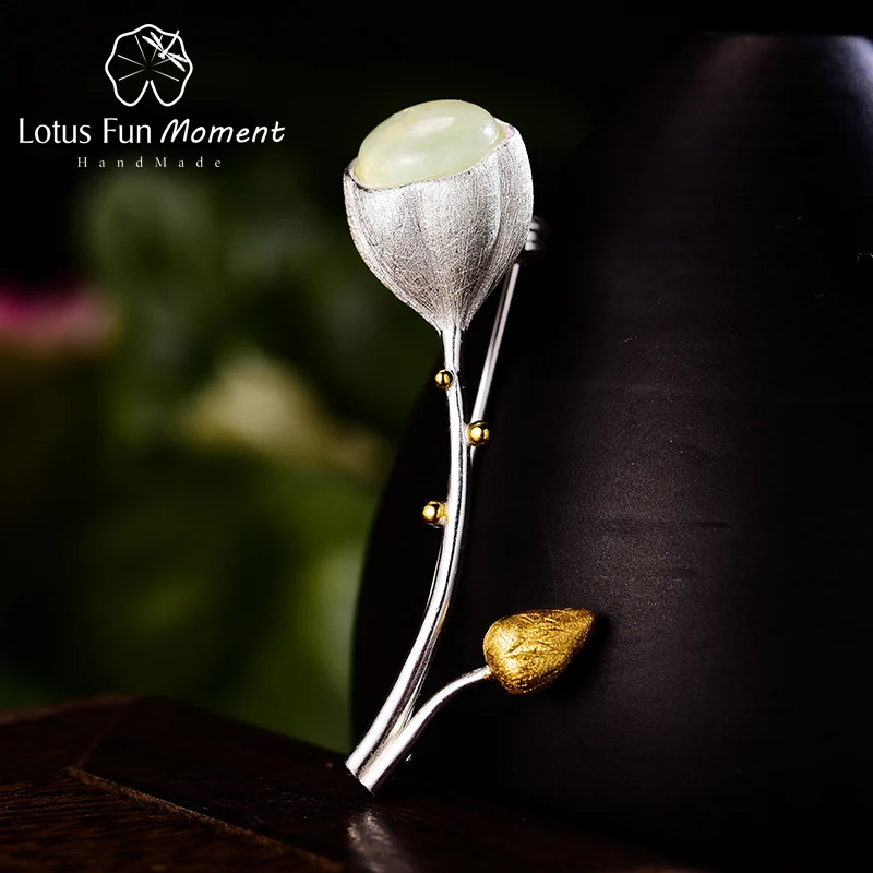 Лотосовое наслаждение. Реальное серебро 925 пробы. Ручная работа с природными камнями. Элегантные бутоны-броши для женщин.