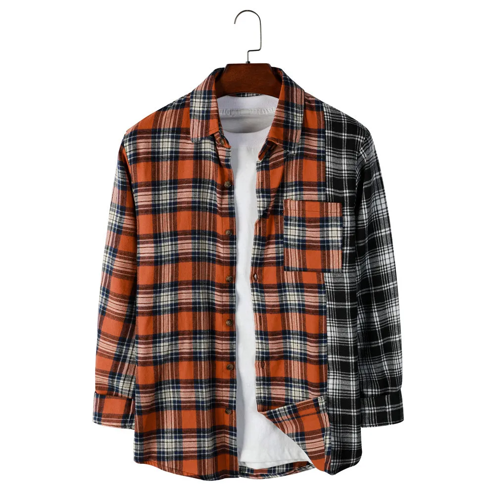 

Рубашка мужская с контрастными карманами, блузка с лацканами, простой однобортный клетчатый Топ с длинным рукавом, Повседневная футболка с ...