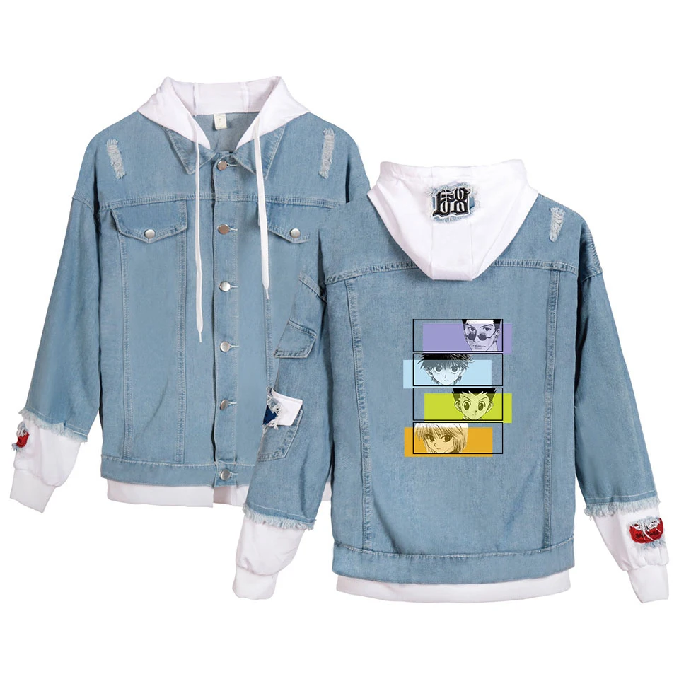Харадзюку джинсы с капюшоном Охотник х Хантер джинсовая куртка сшитая одежда для