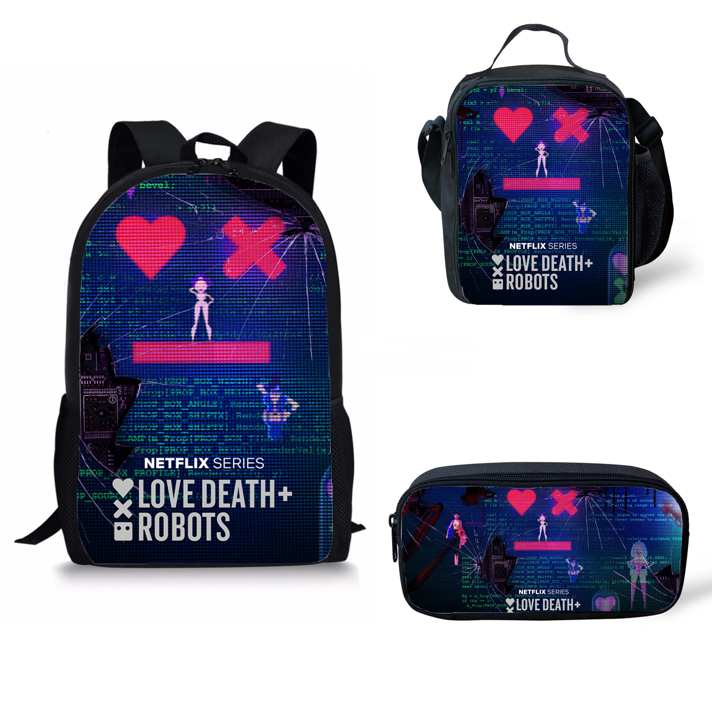 

Cusotm Print School Bags Backpack for Children 3pcs/set Cartoon love death and robot Printing Kids Book Bag Primary Satchel
