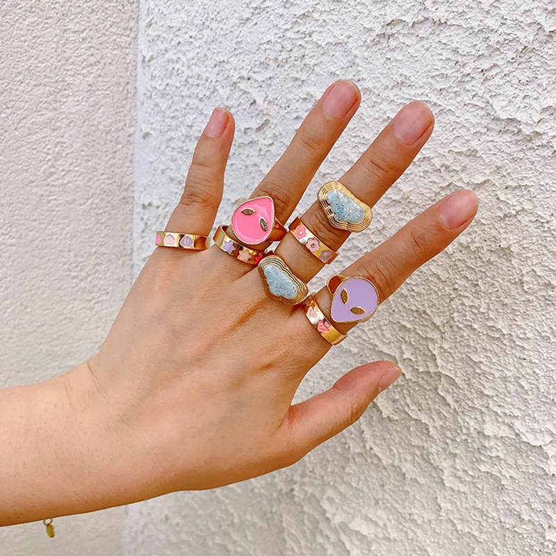

Smile Gal Ring Alien Flower Queen Rings Namel Thick Ring Size Luxury Spring Fine Lucky Jewelry Heart Clouds Rings for Women Gift