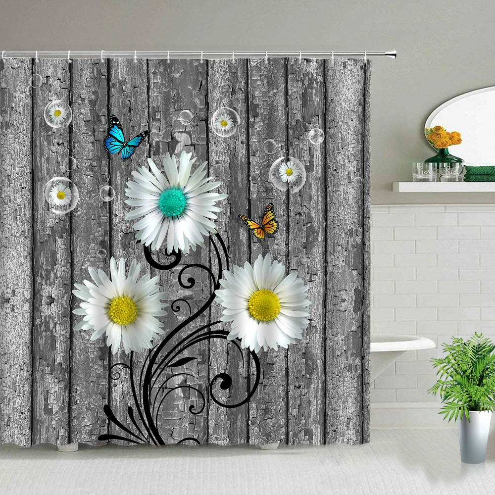 

Creativity Wooden Background Flower Butterfly Shower Curtain Floral Plant Scenery Bathroom Screens Bathtub Decor Cloth Curtains