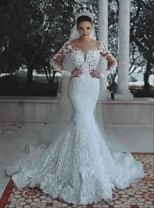 Vintage Arabic Dubai Mermaid Wedding Dresses White bridal Gowns Tulle Lace Appliques beads Illusion Long Sleeves Chapel Graden
