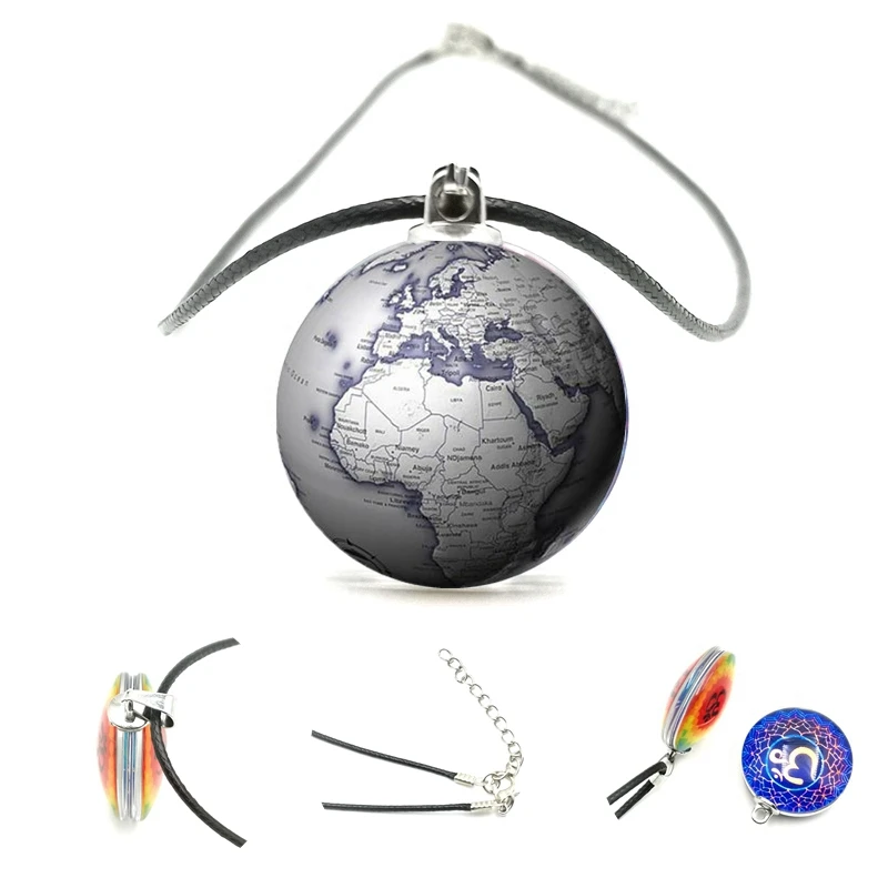 

2020 Globe World Map Double-sided Pendant Necklace 25mm Glass Cabochon Black Leather Cord Necklace Men and Women Jewelry Gifts