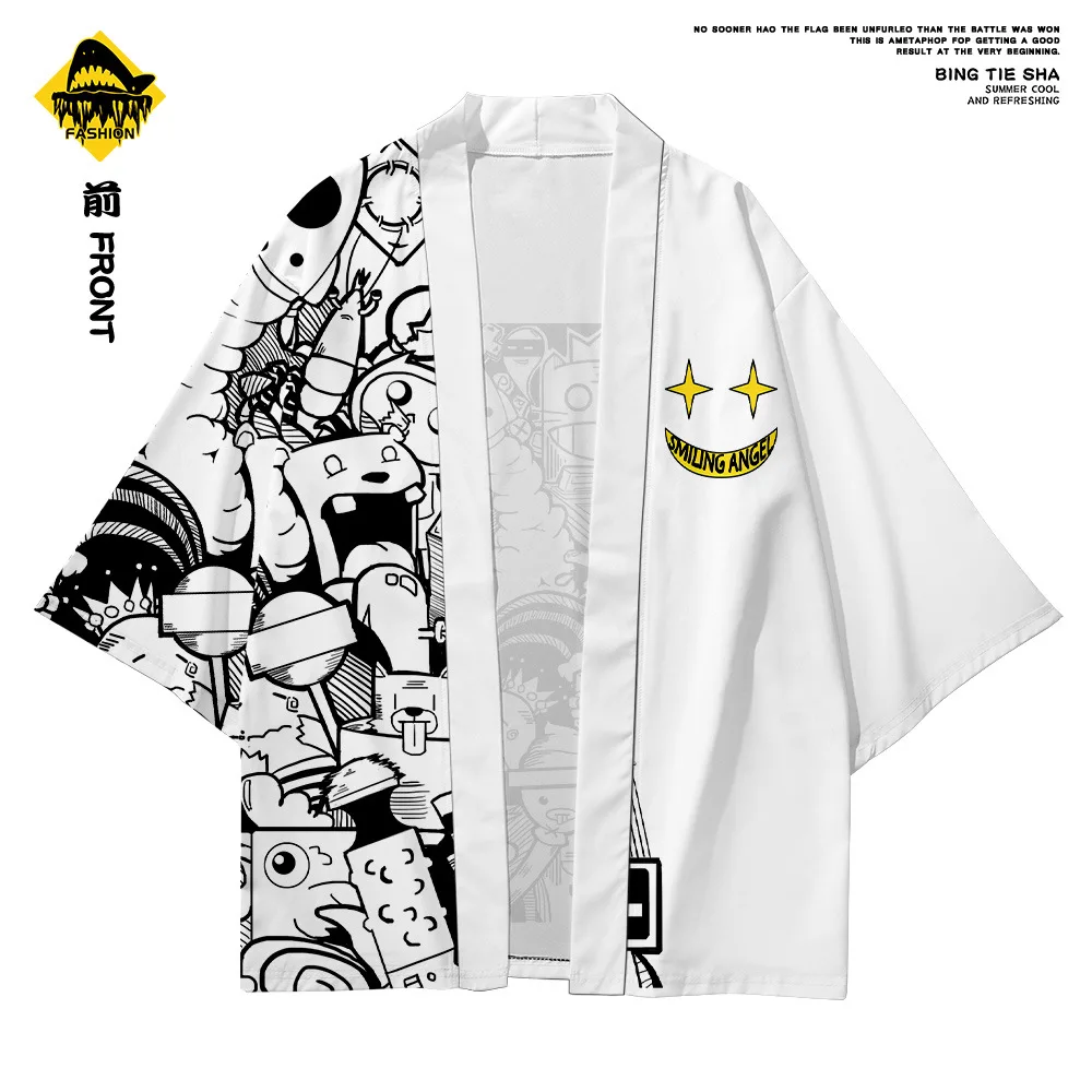 

Japanese White Print Kimono Streerwear Yukata Men Haori Harajuku Kimono Robe Cardigan And Pant Asian Clothes