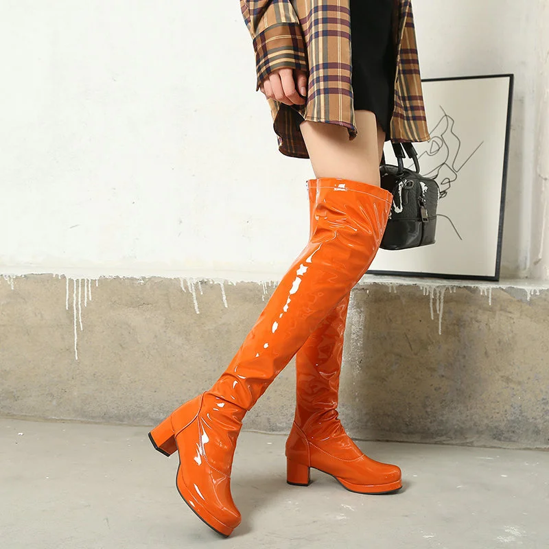 Autumn Winter Women's Round Toe Thick Heel Low Heels Over The Knee Patent Leather Boots Sexy Solid Color Red Thigh High Boots