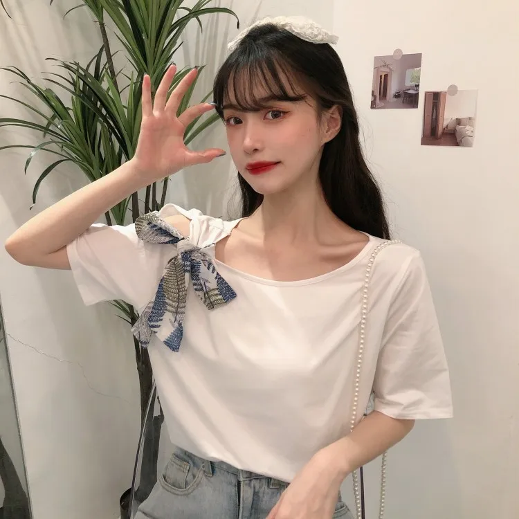 

Bow Bandage Tees Off Shoulder Black Short Sleeve T Shirts Women Clothing Summer New Korean Sweet Style Ladies Tops O-neck Causal