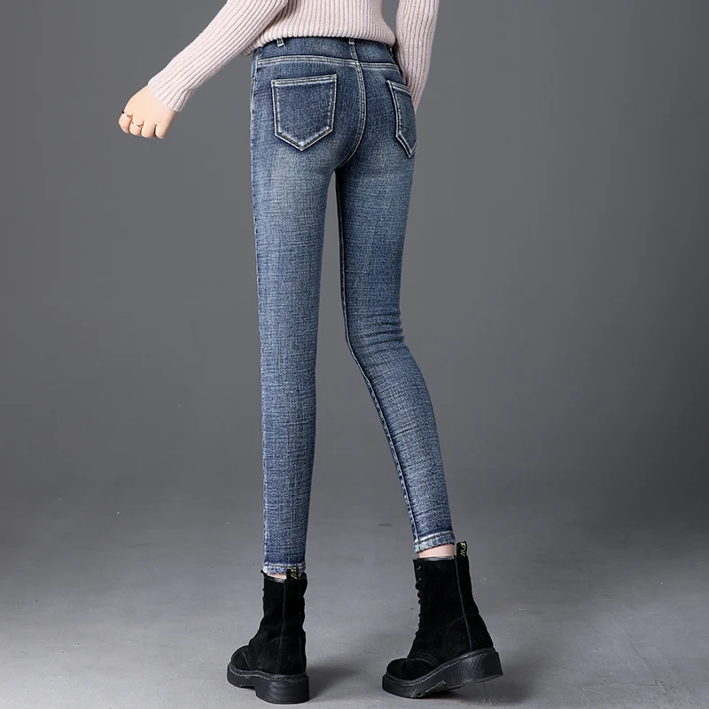 Winter Fleece Warm Thick Plus Velvet Skinny Mom Jeans For Women High waist Slim fit Female Stretch Denim Pencil Pants