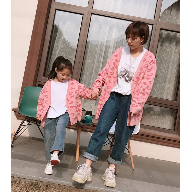 

2021 Autumn Parent-Child Outfit Lerpard Print Long Sleeve Cardigans Mother And Daughter Open Stitch Cardigans Clothes