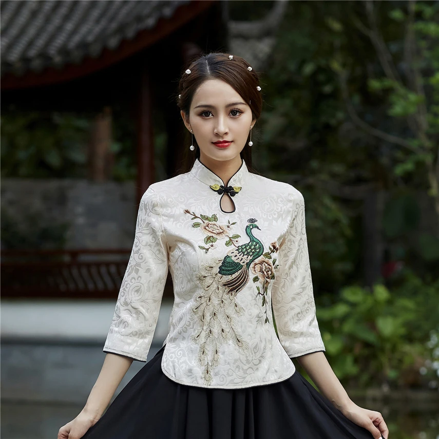 Традиционные китайские топы женский ретро костюм Тан с рукавом три четверти