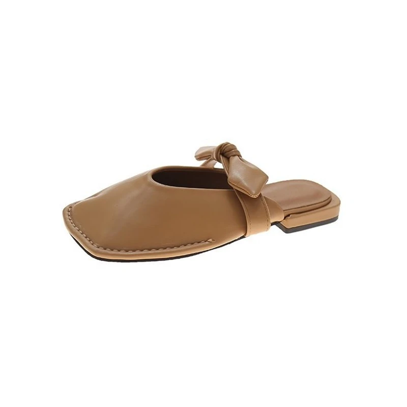 

Butterfly-Knot Slippers Casual Flat Shoes Female Square Toe Slides Mules For Women 2021 Low Pantofle Luxury Soft Summer Cover