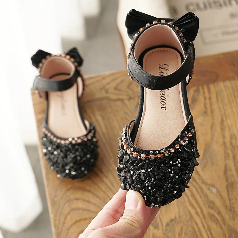New Kids Leather Shoes Girls Wedding Shoes Children Princess Sandals Sequins Bow Girls Casual Dance Shoes Flat Sandals E462