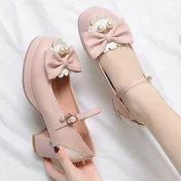 black lolita shoes bow mary jane shoes for women high heels platform pumps block heels shoes woman pink big size 42 43 44 45
