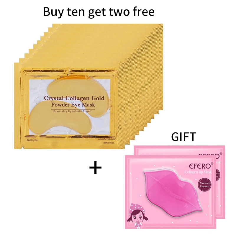 

10 пар Золотая маска для глаз патчи для глаз гель удаление темных кругов припухлости Антивозрастная + подарок 2 шт. коллагеновая маска для губ...
