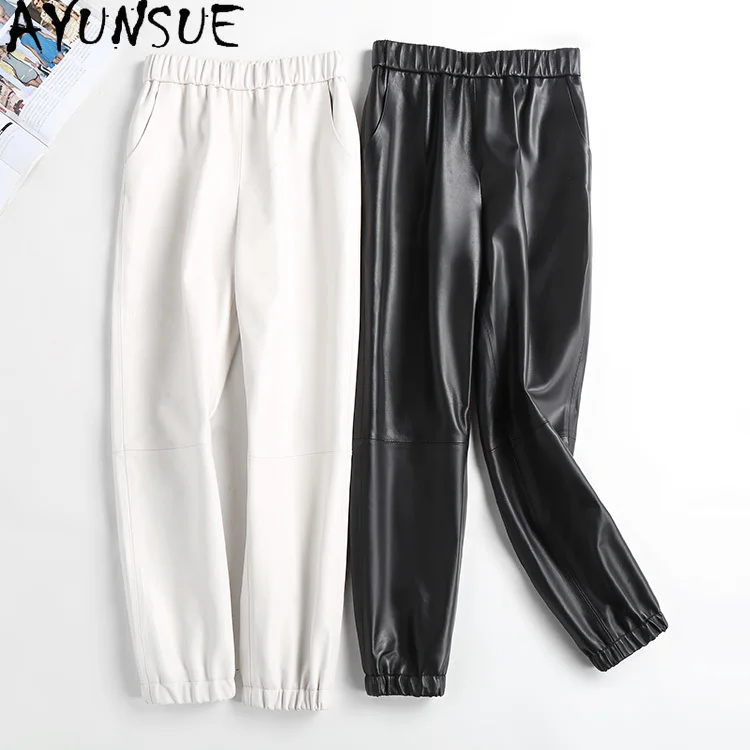 

AYUNSUE 100% Real Sheepskin Leather Pants Women White Harem Pants Female High Waist Trousers clothes 4xl Pantalones De Mujer