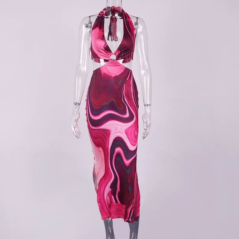 

Women Tie Dye Sexy Print Vacation Dress Halter Robe Backless Bodycon Waist Cut Out For Summer Beach Party Maxi Dresses Sundress