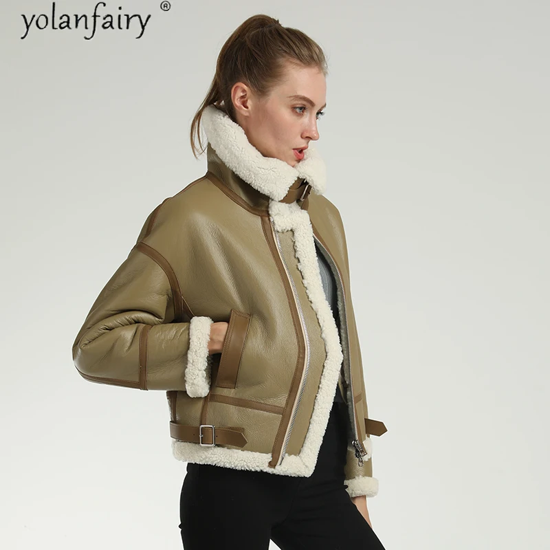 

Женская зимняя куртка из натурального меха мериноса, теплая мотоциклетная куртка из натуральной кожи