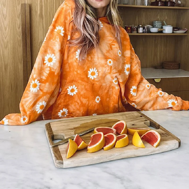 

New Women Hoodies Autumn Warm Tie Dyed Casual Loose Sweatshirt Elegant Long Sleeve Chrysanthemum Print Pullover Top